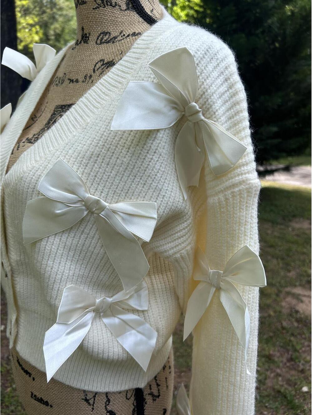 Debut Cream Button-Down Cardigan - Ribbon Bow Accents - Size S/M - Cottagecore - Picture 5 of 8